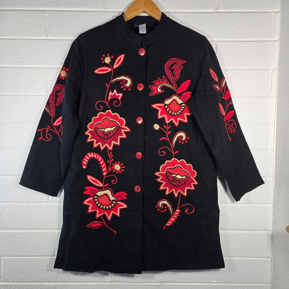 Vtg Indigo Moon Floral Embroidered Long Jacket Tunic Medium Cotton Bohemian Lady